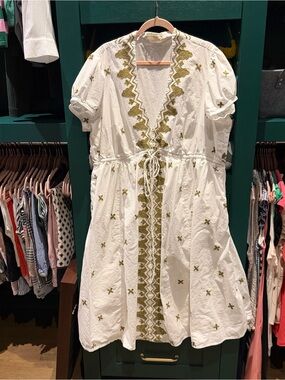 Embroidered White Cotton Midi Dress with Olive Accents - 3X